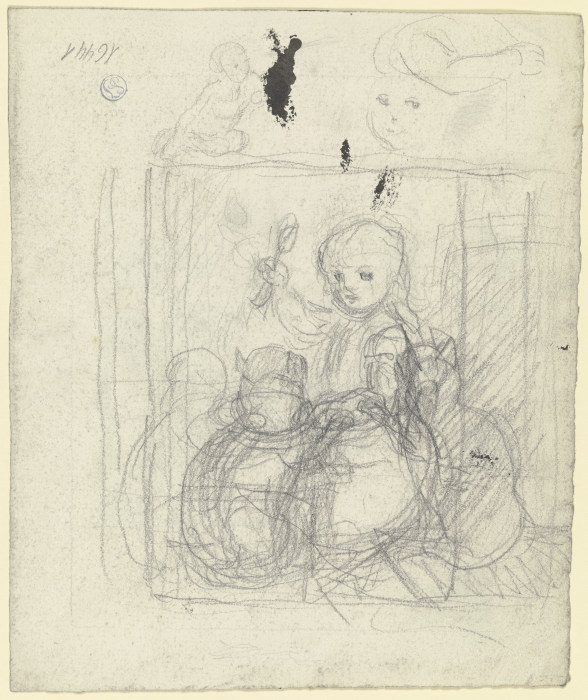 Miezes Frühstück und Skizzen eines Kindes, eines Armes und eines Kopfes van Otto Scholderer