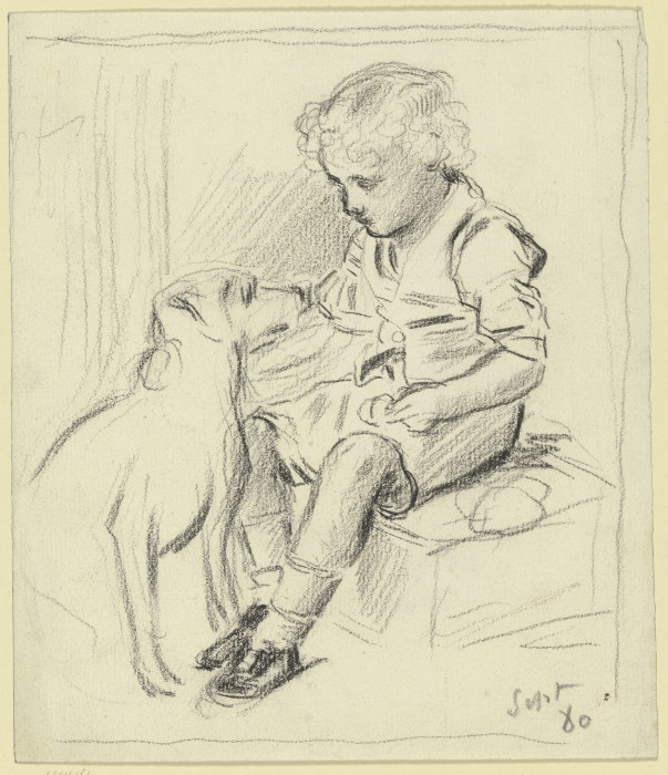 Sitzender Knabe mit sitzendem Hund van Otto Scholderer
