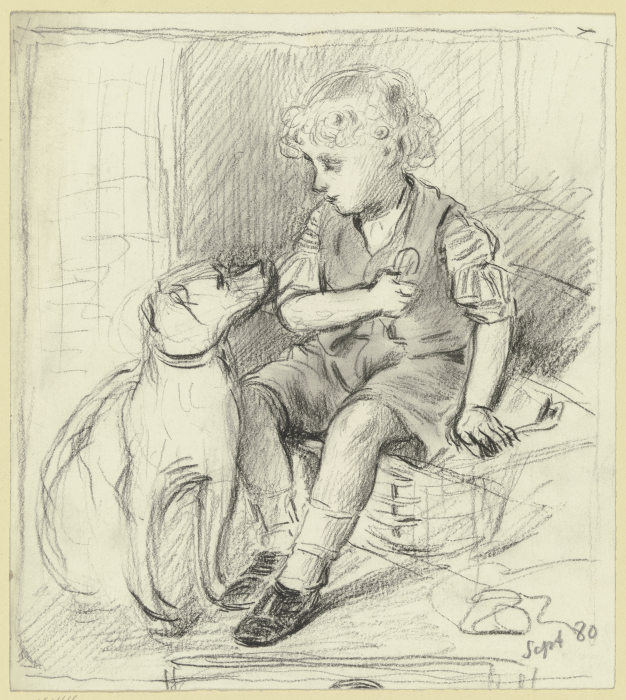 Sitzender Knabe mit sitzendem Hund van Otto Scholderer