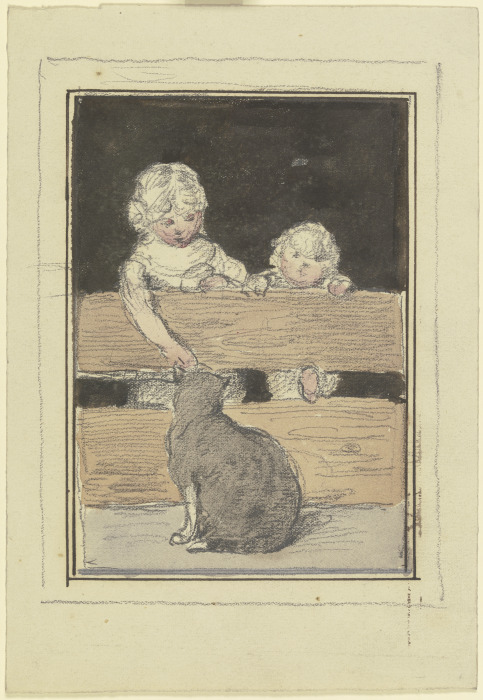 Zwei Kinder am Zaun mit einer Katze van Otto Scholderer