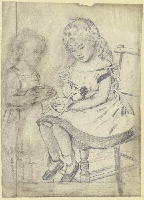 Zwei Kinder füttern eine Puppe van Otto Scholderer