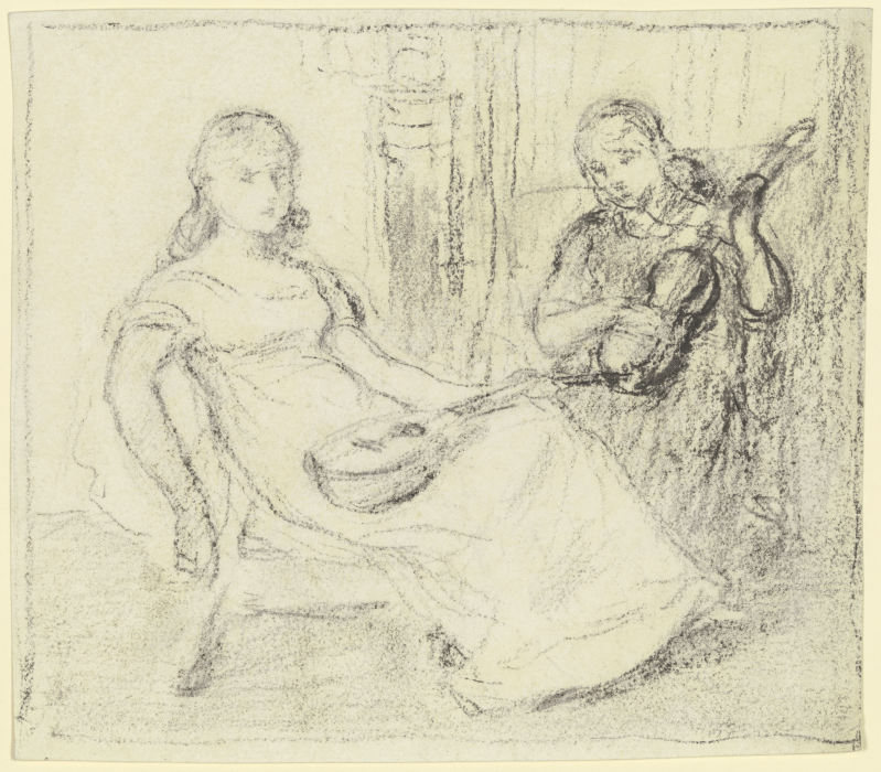 Zwei Mädchen mit Streich- und Zupfinstrumenten van Otto Scholderer