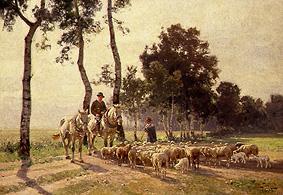 Schafhirte mit Herde beim Schwatz mit einem berittenen Bauern van Otto Strützel