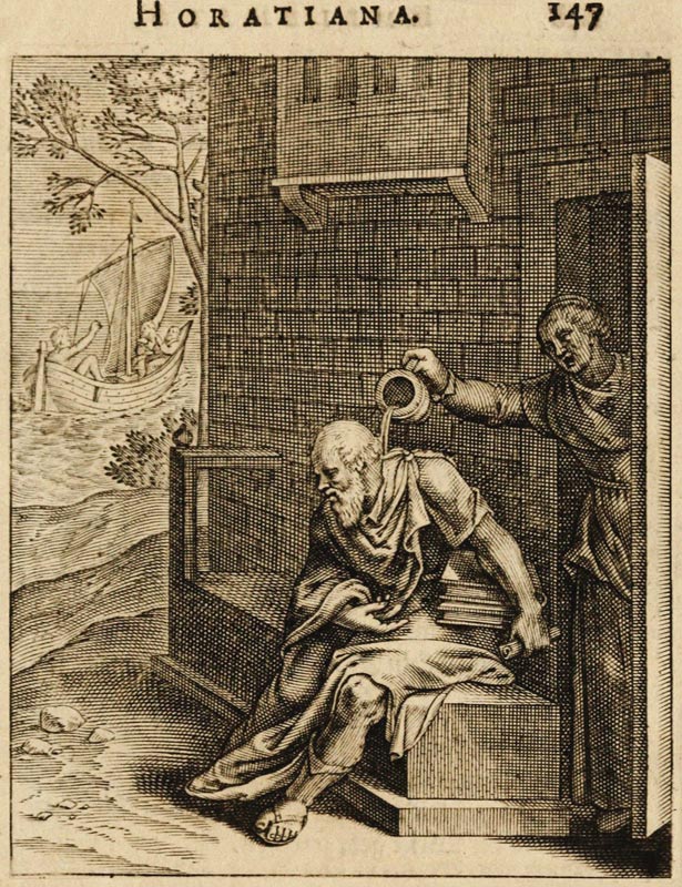 Xanthippe emptying a chamber pot over Socrates. (From Emblemata Horatiana) van Otto van Veen