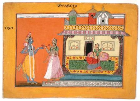 Krishna arriving at Radha's house, illustration from a manuscript of the 'Rasamanjari' of Bhanudatta van Pahari School