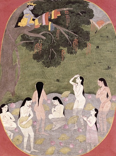 Krishna with the Cow Girls'' clothes, Tehri-Garhwal, c.1820-30 van Pahari School