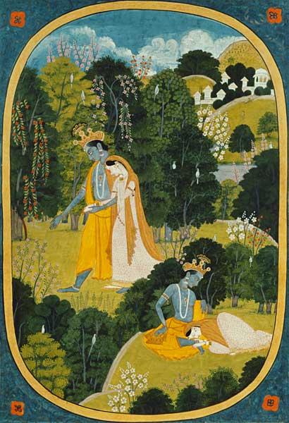 Radha and Krishna walking in a grove, Kangra, Himachal Pradesh, Pahari School, 1820-25 van Pahari School