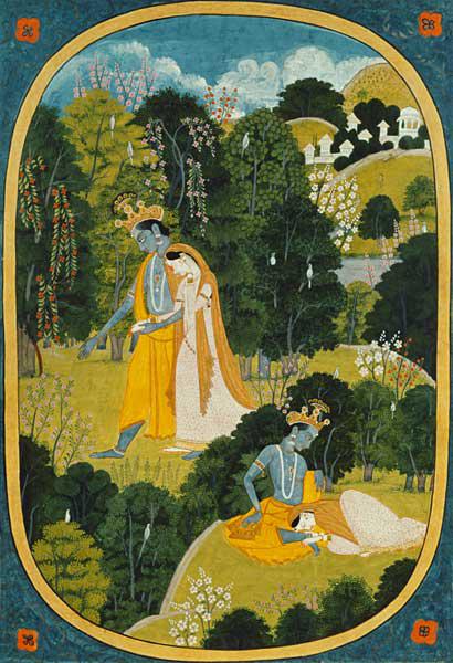 Radha and Krishna walking in a grove, Kangra, Himachal Pradesh, Pahari School, 1820-25