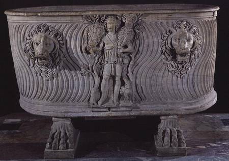 Borghese sarcophagus decorated with the Good Shepherd and heads of lions van Paleo-Christian