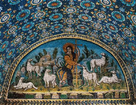 Der gute Hirte, Mosaik der Lünette über der Eingangstür des Mausolee der Galla Placidia, um 425 (Mos
