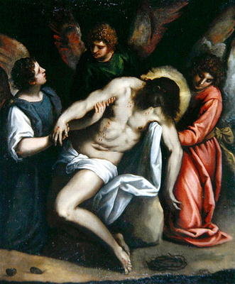The Dead Christ, Held by Three Angels (oil on canvas) van Palma Il Giovane