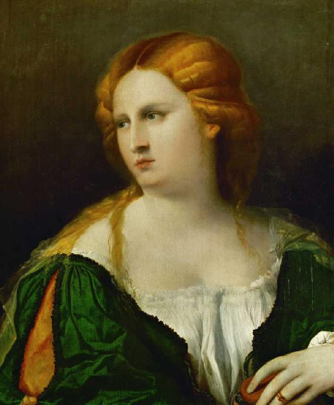 Junge Frau in grünem Kleid mit einer Schachtel in der Hand van Palma il Vecchio (eigentl. Jacopo Negretti)