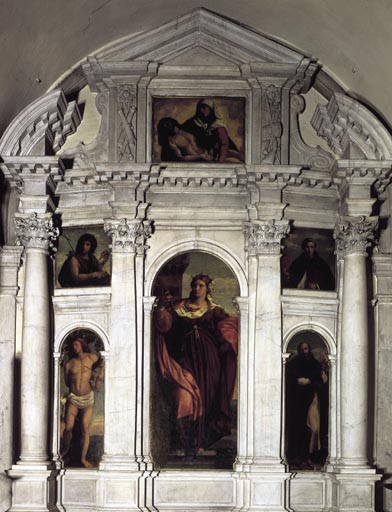 Heilige Barbara zwischen den Heiligen Sebastian und Antonius van Palma il Vecchio (eigentl. Jacopo Negretti)