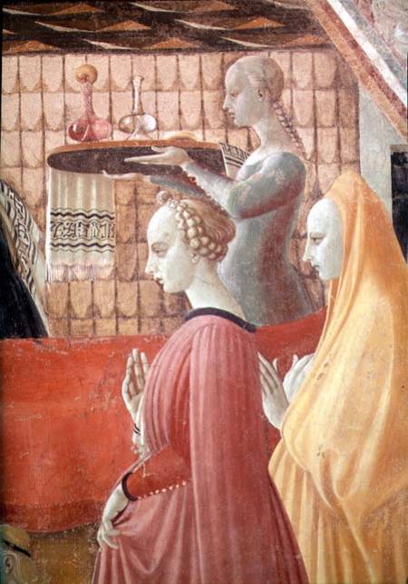 Birth of the Virgin, detail of a servant and two attendants van Paolo Uccello