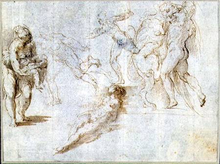 Figure Studies: Woman Holding a Baby; Man Pursued by Another; Nude Woman Lying on Ground; Hercules a van Parmigianino
