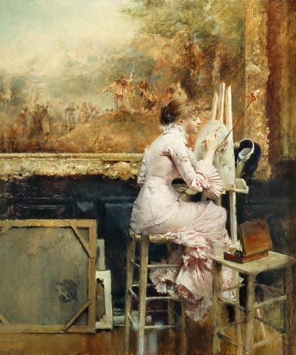 Young Watercolourist in the Louvre van Pascal A.J. Dagnan-Bouveret