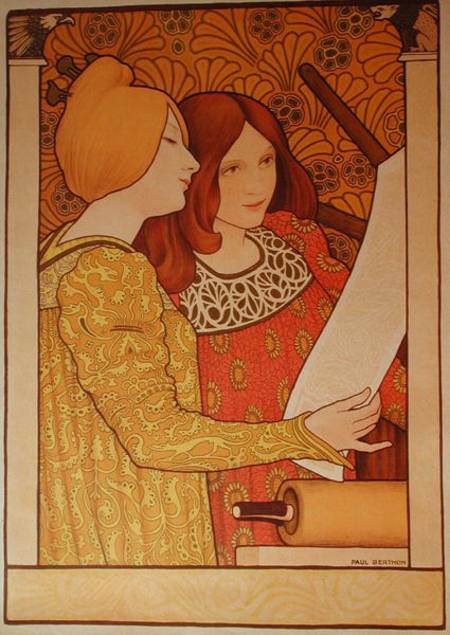 Two girls with a printing press van Paul Berthon