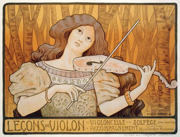 Reproduction of a poster advertising 'Violin Lessons', Rue Denfert-Rochereau, Paris, 1898 (colour li van Paul Berthon
