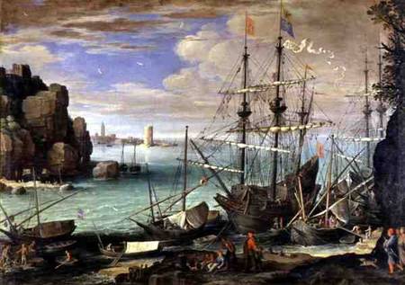 Scene of a Sea Port van Paul Brill or Bril