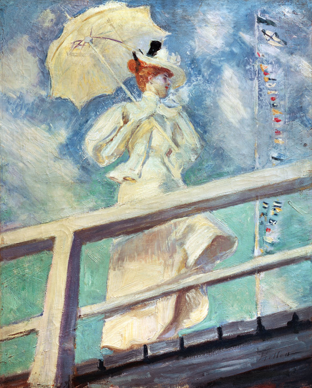 Frau in weißem Kleid mit Sonnenschirm van Paul César François Helleu