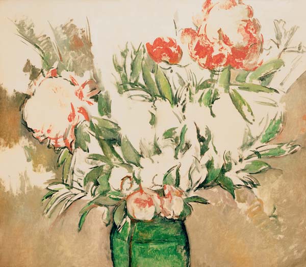 Peonies in a green jug van Paul Cézanne