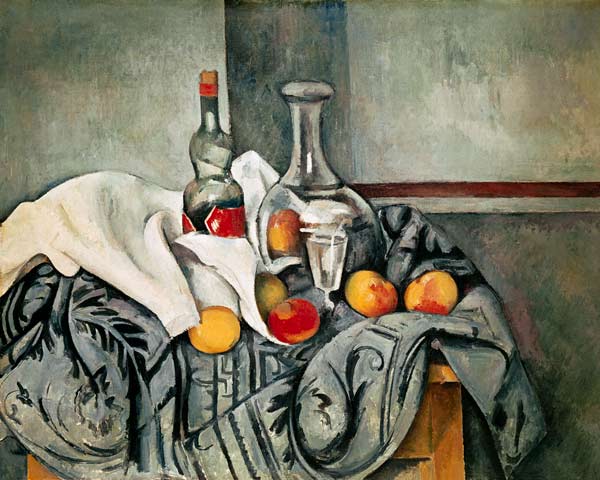 Stillleben mit Pfirsichen und Flaschen van Paul Cézanne