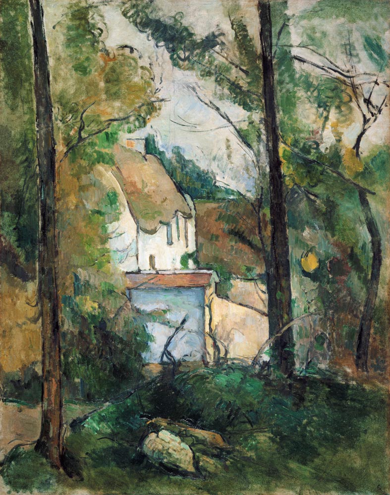 Blick durch Bäume auf ein Haus (Auvers) van Paul Cézanne