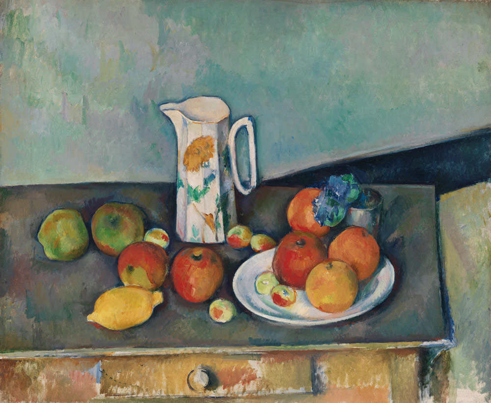 Still life with milkjug and fruit van Paul Cézanne