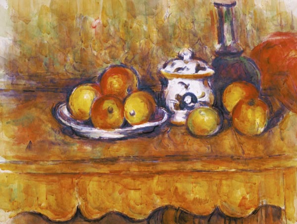 Stillleben mit blauer Flasche und Zuckerdose Aquarell van Paul Cézanne