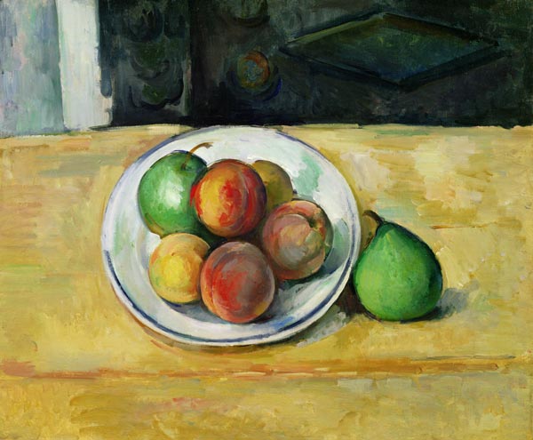 Still Life with a Peach and Two Green Pears van Paul Cézanne