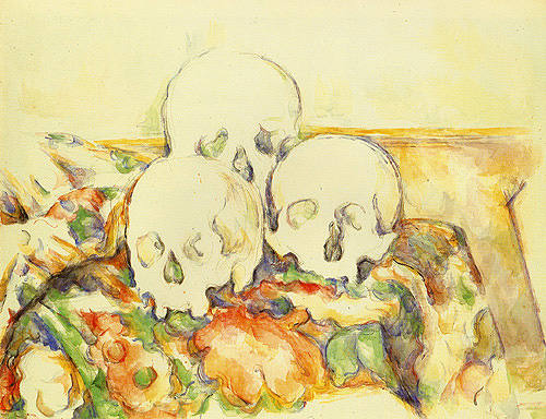 Stillleben mit drei Totenschädeln van Paul Cézanne
