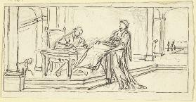 Justinus, an einem Tisch sitzend, exzerpiert sein Werk aus den Schriften des Trogus Pompejus