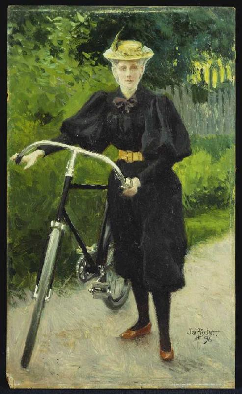 Eine Dame mit Fahrrad van Paul Fischer