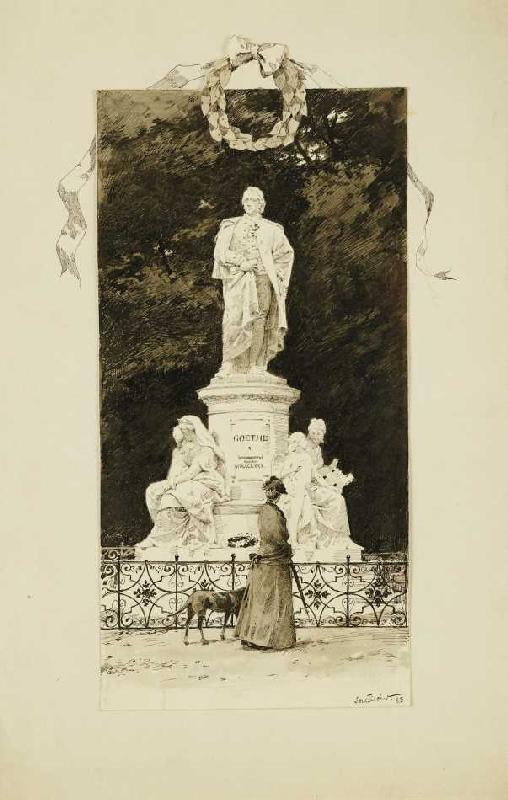 Elegante Dame vor einem Goethe-Denkmal van Paul Fischer