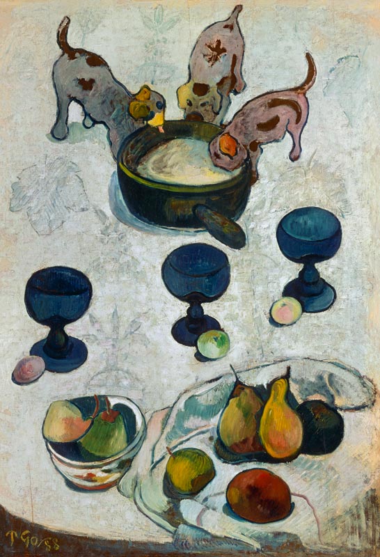 Stilleben mit drei Hündchen van Paul Gauguin