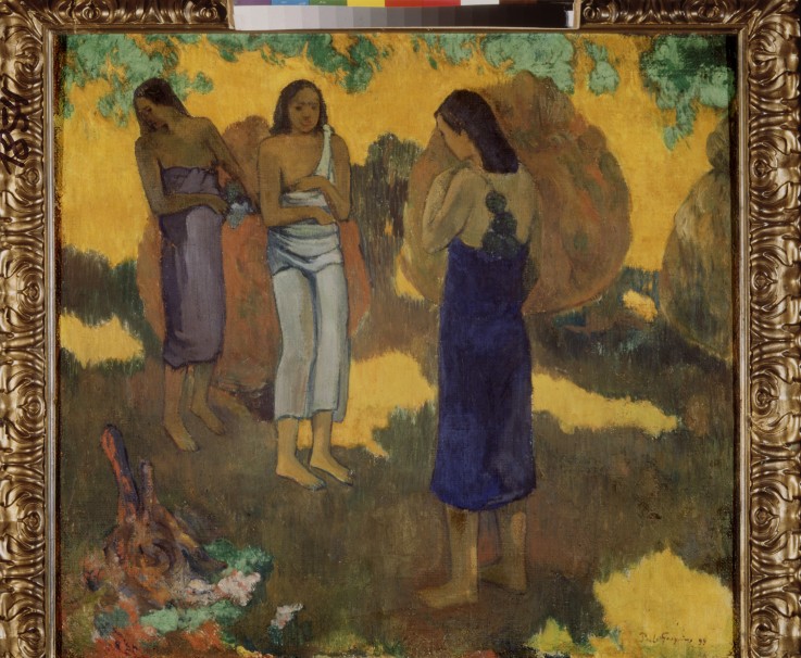 Three Tahitian Women against a Yellow Background van Paul Gauguin