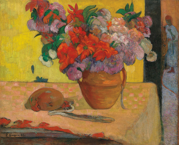 Blumen in einer Vase und eine Feldflasche van Paul Gauguin
