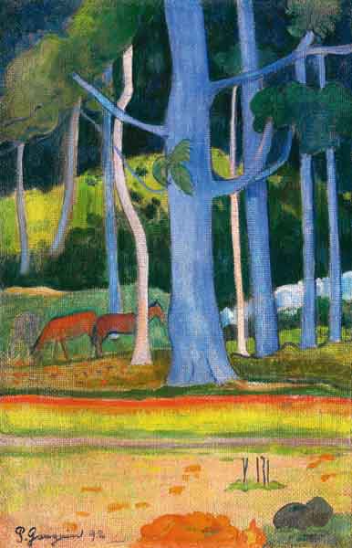 Landscape with blue trees (Paysage aux troncs bleus) van Paul Gauguin