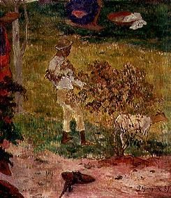 Negerjunge mit Ziege auf Tahiti. (Detail aus Conversation Tropiques) van Paul Gauguin