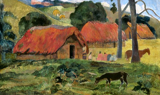 Hund vor strohgedeckten Hütten van Paul Gauguin