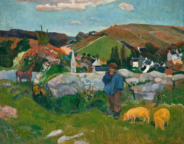 Landschaft in der Bretagne (Schweinehirt) van Paul Gauguin