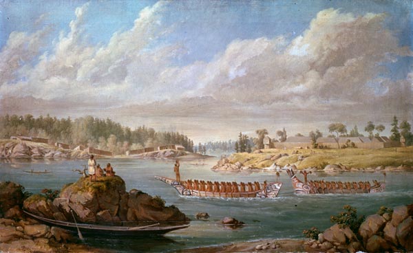 Makah returning in their war canoes van Paul Kane