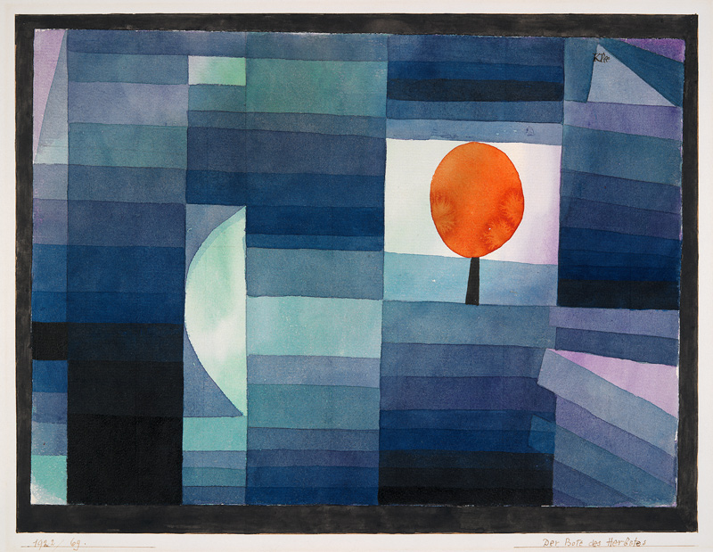 Der Bote des Herbstes (grün/violette Stufung mit orange Akzent) van Paul Klee