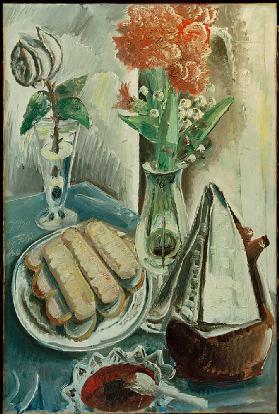 Still life with coffee pot, flowers and pastries