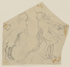Der Löwe sowie Francis Flute als Thisbe (?) mit Hut und vom Wind bewegtem Rock, stehend, nach rechts