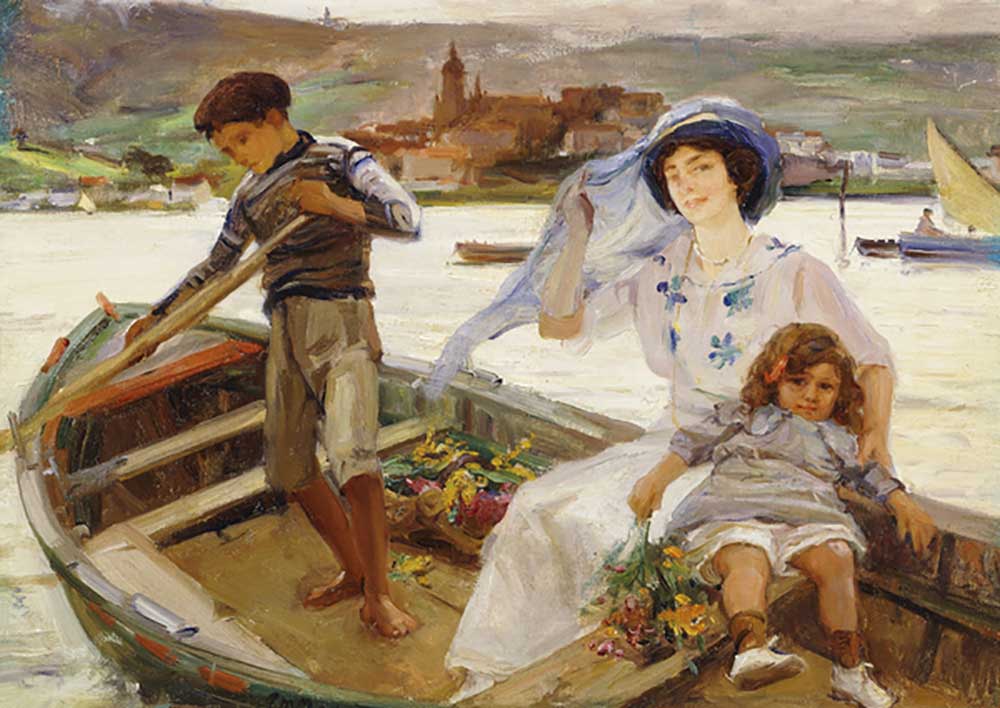 A Mother and Child being Ferried across a River with a Town Beyond, 1913 van Paul Michel Dupuy