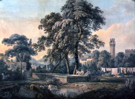 An Italianate Landscape with Women by a Washing Pool van Paul Sandby