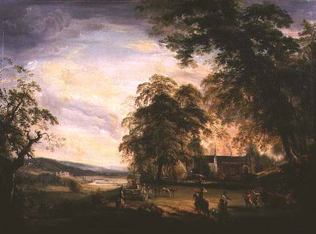 A View of Arundel Castle with Country Folk Merrymaking by a Farmhouse van Paul Sandby