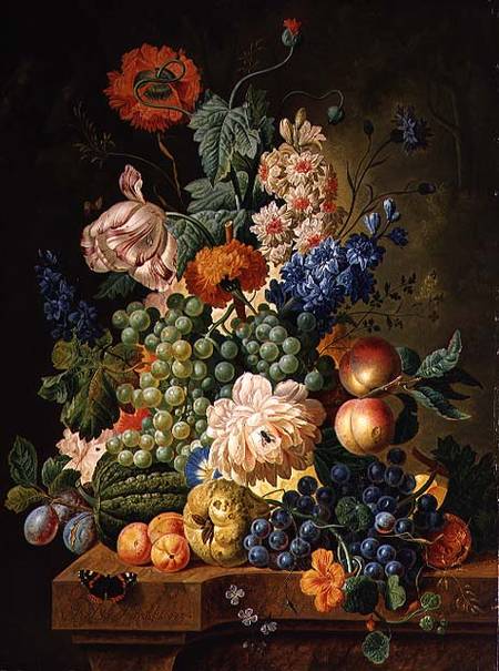 Fruit and Flowers on a Marble Table van Paul Theodor van Brussel