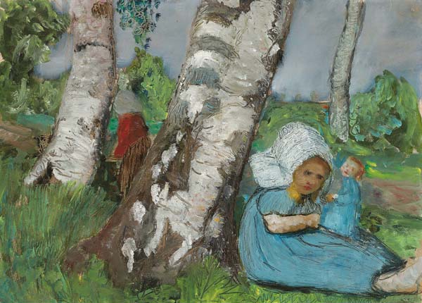 Kind mit Puppe am Birkenstamm sitzend van Paula Modersohn-Becker